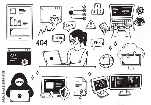 Set of Programmer Related Object Doodle, Web Programming Cartoon