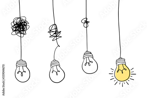 light bulb idea, confusion clarity or path vector idea concept. Simplifying the complex . Doodle vector illustration.