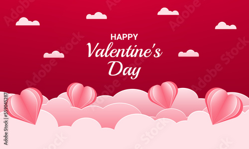 Valentines day banner with heart and clouds, romantic paper cut background