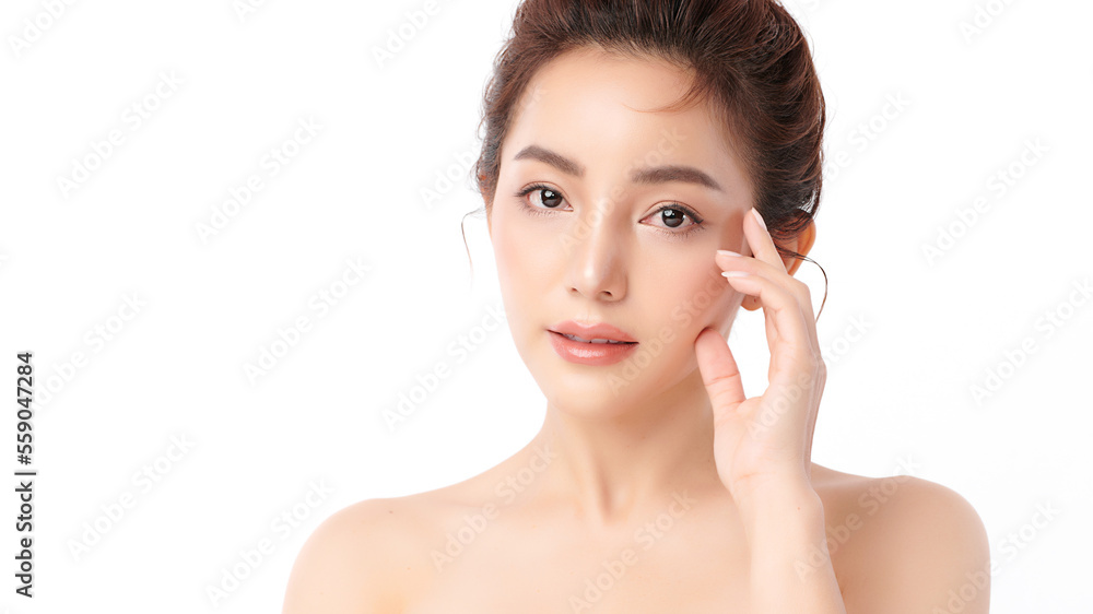 Beautiful young asian woman with clean fresh skin on white background, Face care, Facial treatment, Cosmetology, beauty and spa, Asian women portrait.
