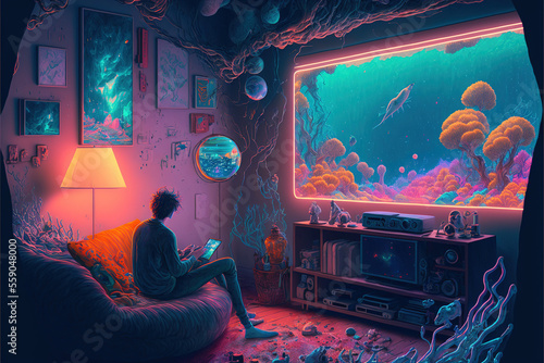 Illustration of a man using a phone in psychedelia world