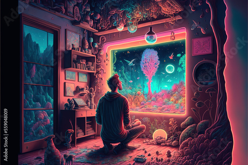 Illustration of psychedelia man staring into an aquarium photo