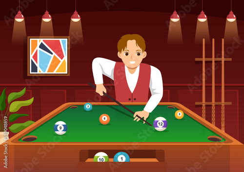 Billiards Game Illustration with Player Pool Room with Stick, Table and Billiard Balls in Sports Club in Flat Cartoon Hand Drawn Templates