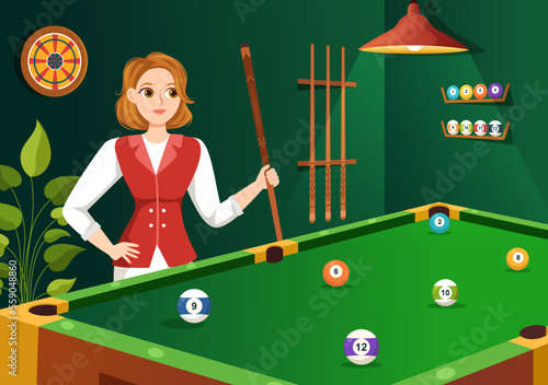 Billiards Game Illustration with Player Pool Room with Stick, Table and Billiard Balls in Sports Club in Flat Cartoon Hand Drawn Templates