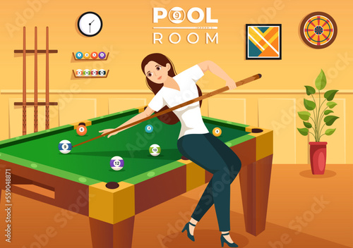 Billiards Game Illustration with Player Pool Room with Stick, Table and Billiard Balls in Sports Club in Flat Cartoon Hand Drawn Templates