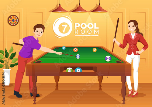 Billiards Game Illustration with Player Pool Room with Stick, Table and Billiard Balls in Sports Club in Flat Cartoon Hand Drawn Templates