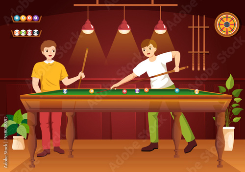 Billiards Game Illustration with Player Pool Room with Stick, Table and Billiard Balls in Sports Club in Flat Cartoon Hand Drawn Templates
