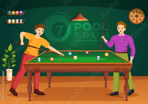Billiards Game Illustration with Player Pool Room with Stick, Table and Billiard Balls in Sports Club in Flat Cartoon Hand Drawn Templates