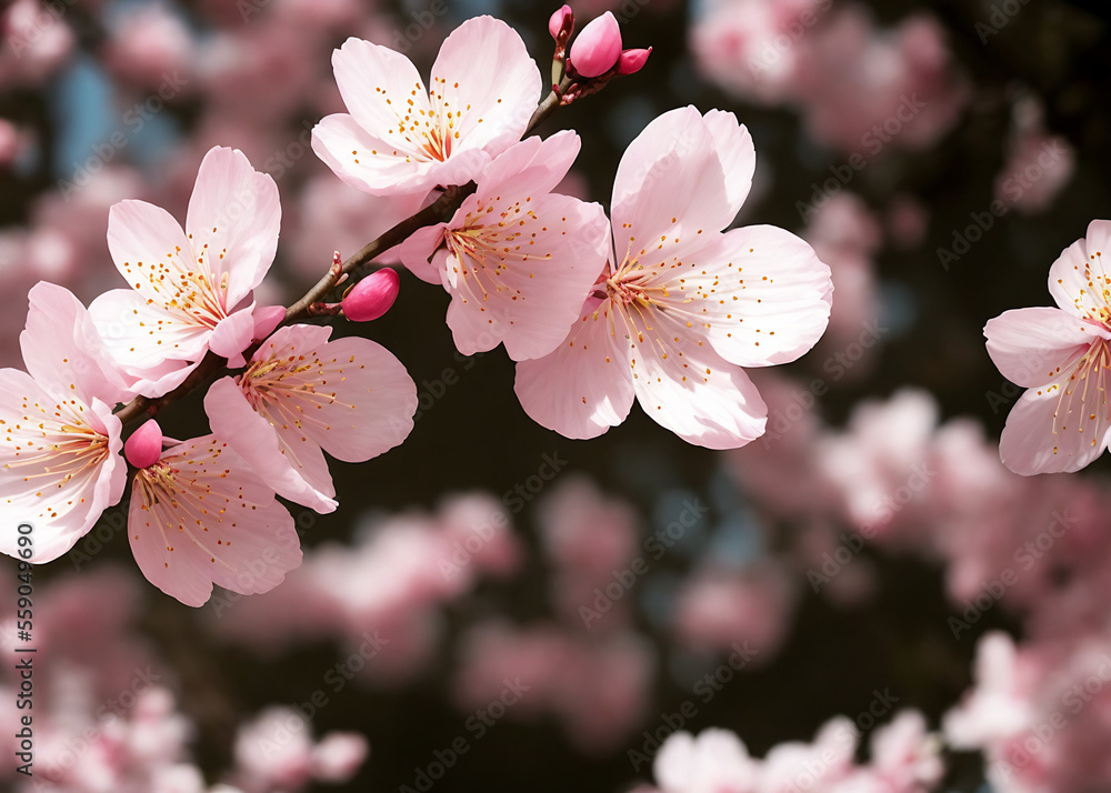 Spring Cherry Blossoms - Floral spring with bright, pink cherry blossom flowers blooming to commemorate the spring season. Generative AI