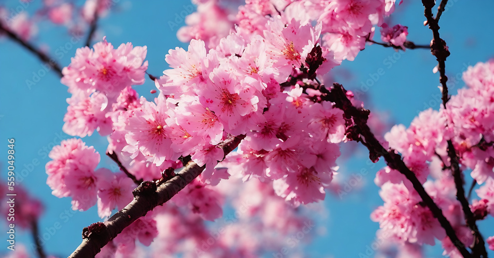 Spring Cherry Blossoms - Floral spring with bright, pink cherry blossom flowers blooming to commemorate the spring season. Generative AI