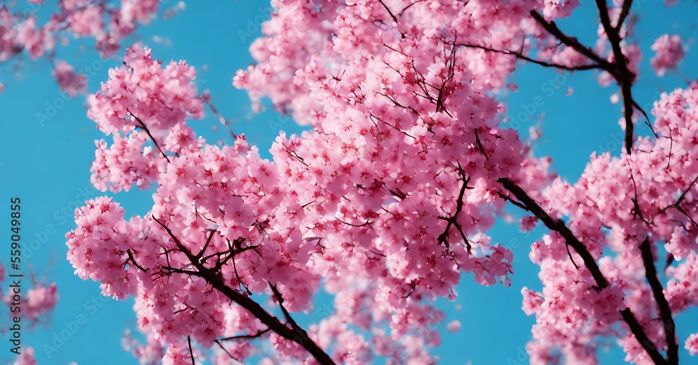 Spring Cherry Blossoms - Floral spring with bright, pink cherry blossom flowers blooming to commemorate the spring season. Generative AI