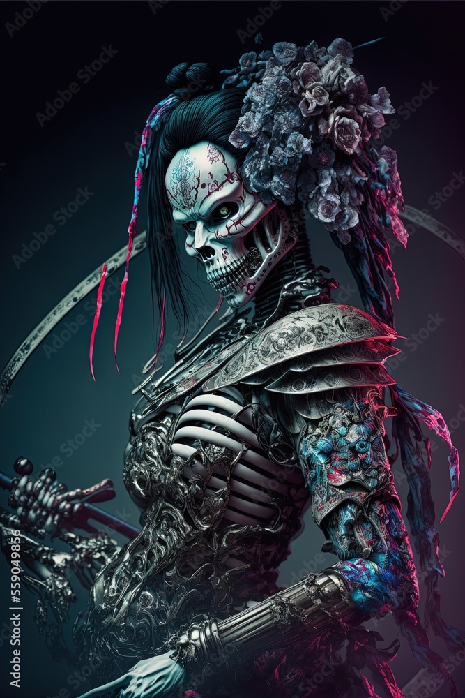 Female porcelain cyborg geisha samurai skeletal mechanics, dynamic action pose, partial, scythe like katana Female porcelain cyborg geisha samurai skeletal mechanics, dynamic action pose, partial, scythe like katana