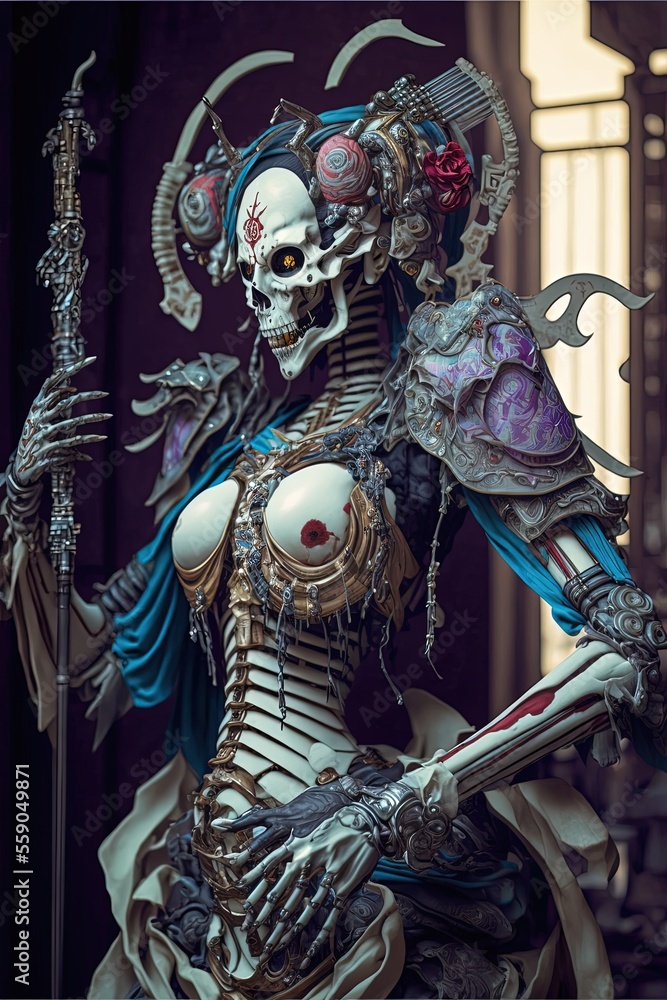 Fototapeta premium Female porcelain cyborg geisha samurai skeletal mechanics, dynamic action pose, partial, scythe like katana
