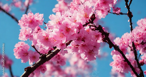 Obraz na płótnie Spring Cherry Blossoms - Floral spring with bright, pink cherry blossom flowers blooming to commemorate the spring season. Generative AI w salonie