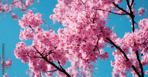 Obraz na płótnie Spring Cherry Blossoms - Floral spring with bright, pink cherry blossom flowers blooming to commemorate the spring season. Generative AI w salonie