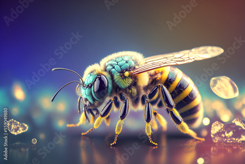 The bee has a lovely color. Generative AI. Detailed bee. Bee macro.