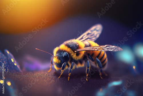The bee has a lovely color. Generative AI. Detailed bee. Bee macro. © UIMEGA