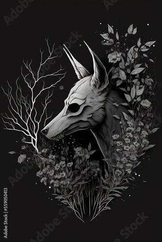 Wolf Skull Deadly Nightshade, Flowers, Black and white splash art © Flying Minds