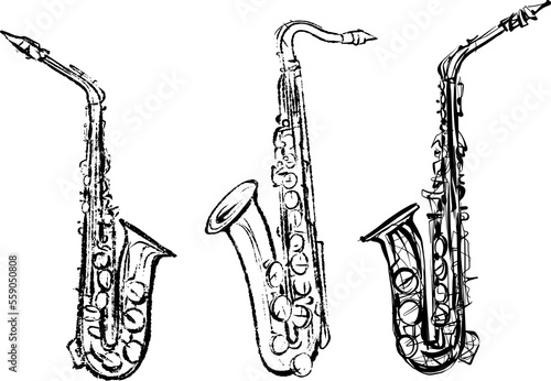 Photography Saxophone . Textured ink brush drawing