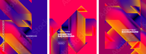 Vector set of abstract geometric poster backgrounds, colorful shapes with fluid colors. Collection of covers, templates, flyers, placards, brochures, banners