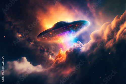 UFO is flying in a colorful universe. Generative AI. Alien UFO. Unidentified flying object. Clipping path included.