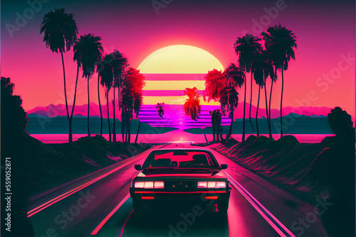 Vaporwave car driving into the sunset ai art © Elka