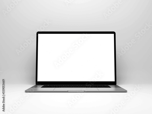 Laptop with blank screen isolated on white background, white aluminium body. Whole in focus. High detailed. Template, mockup.