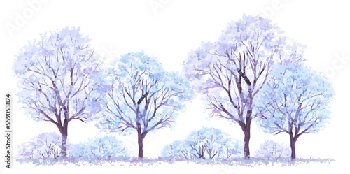Vector watercolor blooming flower tree side view isolated on white background for landscape and architecture drawing, elements for environment and garden,botanical elements for section in winter