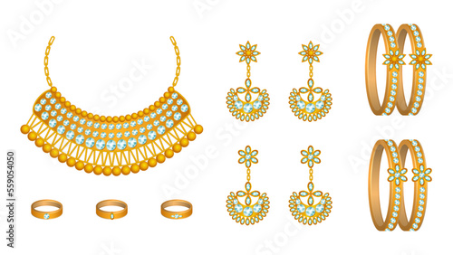 vector of realistic gold jewelry set, realistic vector of necklace, bangles, rings and earrings. photo