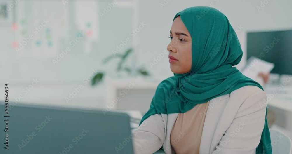 Muslim, business woman and typing on computer in office, startup company and digital management, internet planning and strategy review. Employee with islamic hijab working online for seo website tech Muslim, business woman and typing on computer in office, startup company and digital management, internet planning and strategy review. Employee with islamic hijab working online for seo website tech