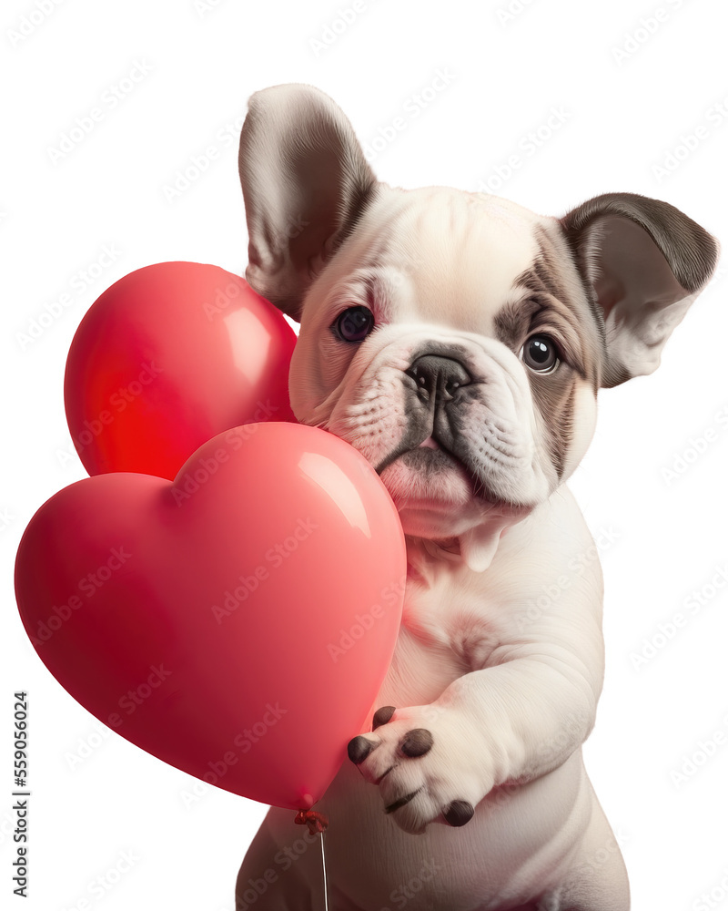 Valentine bulldog puppy holding two red heart shaped balloons. Generative AI.
