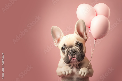 Valentine bulldog puppy holding three pink balloons in his paw. Generative AI.