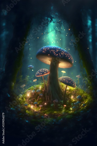 A majestic mushroom stands tall in the middle of the enchanted forest. Its vibrant blue hues seem to light up the forest, creating a magical atmosphere. 