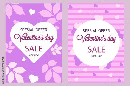 Postcards for Valentine's Day, sale, in lilac tones. Vector design.