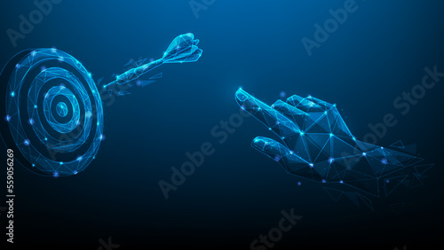 hand pointing business target goal technology. business strategy achieve technology digital. arrow hitting the center on blue dark background. achievement concept.