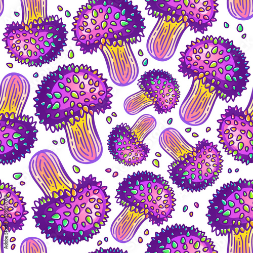 Stylish wallpaper of hallucinogenic mushrooms. Fantasy seamless vector pattern of purple psilocybin mushrooms. Amazing wrapping paper