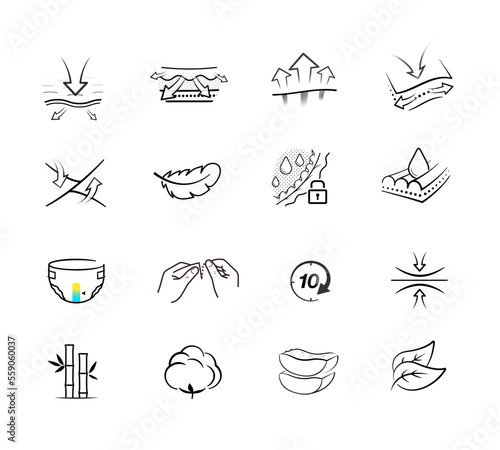 Set of icons for the absorbent material. Vector illustration on white background. Perfect for pads, baby and adult diapers, tissues, napkins and etc. EPS10.