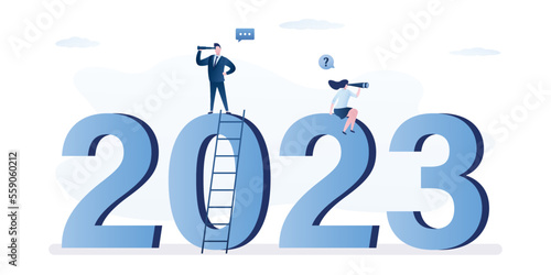 Confident business people uses binoculars and sitting on year numbers. New year 2023 outlook, economic forecast, future vision. Business opportunity or difficulties ahead, report or analysis.