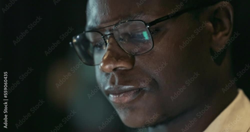Cybersecurity, hacker face or cyber black man at night in zoom working with networking or programming. Software, computer or glasses reflection online code, data analytics or data analysis with tech. Cybersecurity, hacker face or cyber black man at night in zoom working with networking or programming. Software, computer or glasses reflection online code, data analytics or data analysis with tech.