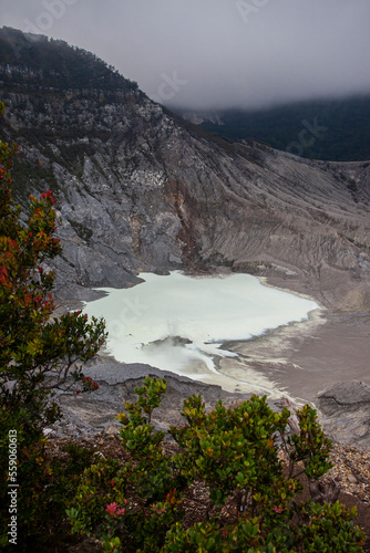 The beautiful view of the crater of Mount Tangkuban Parahu, an active volcano. One of the tourist destinations in Bandung, West Java, Indonesia. photo