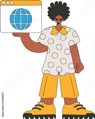 A bright and stylish illustration of a boy using a web browser. Marketing materials.