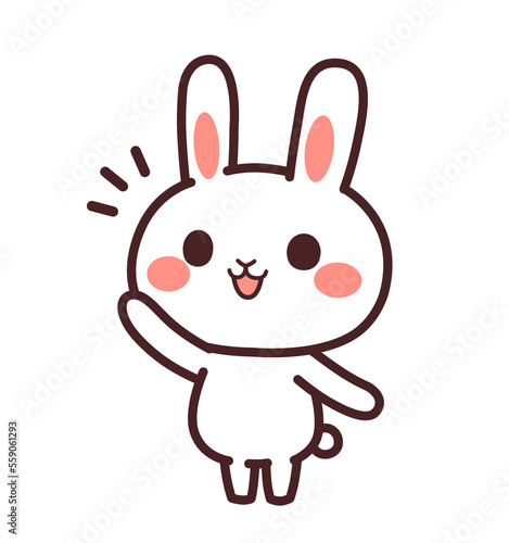 手を挙げる兎のかわいいキャラクター　斜め　イラスト素材