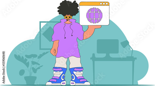 A bright and stylish illustration of a man using a web browser. Material for educational content. Perfect for adding a modern and tech touch to your project.