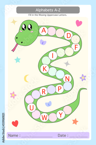Worksheet Alphabet A-Z. write the missing uppercase letters on the bubble. educational worksheets for preschool kids. Logical game for kindergarten.