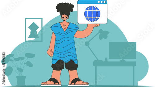 A bright and stylish illustration of a man using a web browser. Modern character style. Perfect for adding a modern and tech touch to your project.