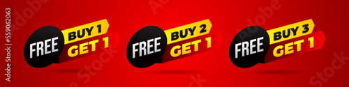 Special promo product label vector illustration, buy 1 get 1 free, buy 2 get 1 free, and buy 3 get 1 free set of sale banner