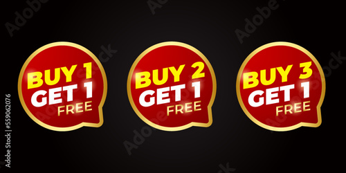 Special promo product label vector illustration, buy 1 get 1 free, buy 2 get 1 free, and buy 3 get 1 free set of sale banner