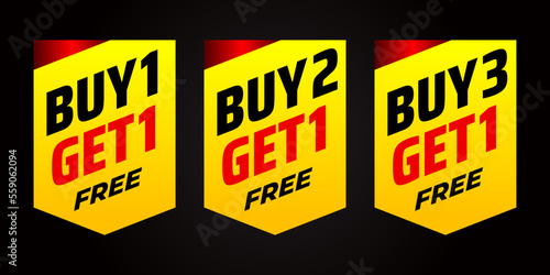 Special promo product label vector illustration, buy 1 get 1 free, buy 2 get 1 free, and buy 3 get 1 free set of sale banner