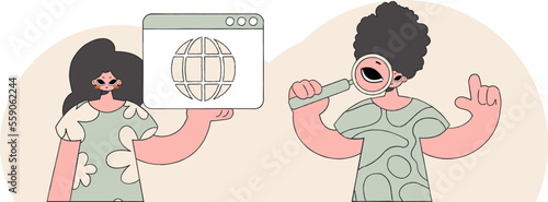 A bright and stylish illustration of a guy and a girl help find information on the Internet. Bright trend character.