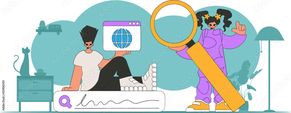 A bright and stylish illustration of a girl and a guy looking for information. Bright trend character. A bright and stylish illustration of a girl and a guy looking for information. Bright trend character.